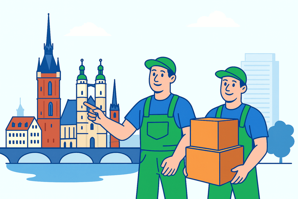 Zwei Umzugshelfer mit Kartons und Werkzeug vor der Altstadt von Halle (Saale)