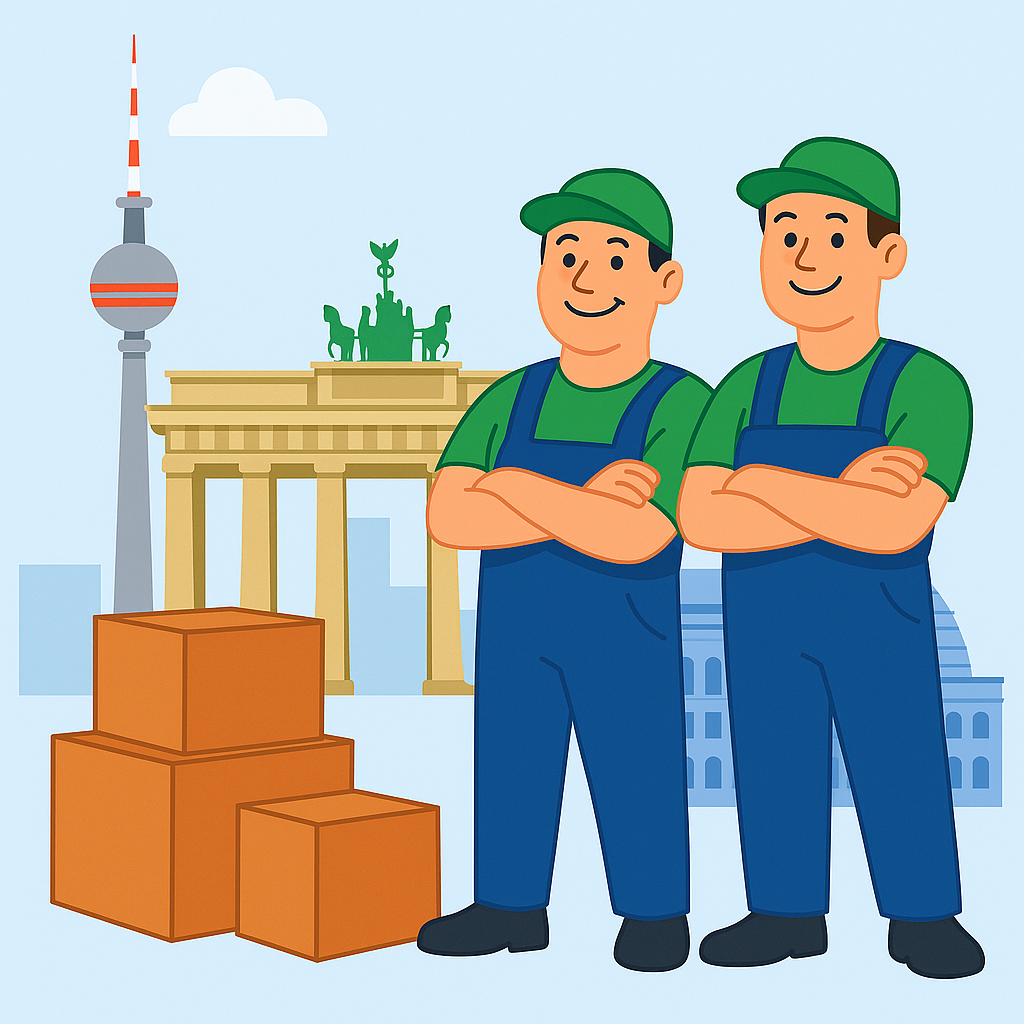 Zwei Umzugshelfer in Arbeitskleidung stehen vor Brandenburger Tor und Berliner Fernsehturm – kompetente Umzugsfirma Berlin.