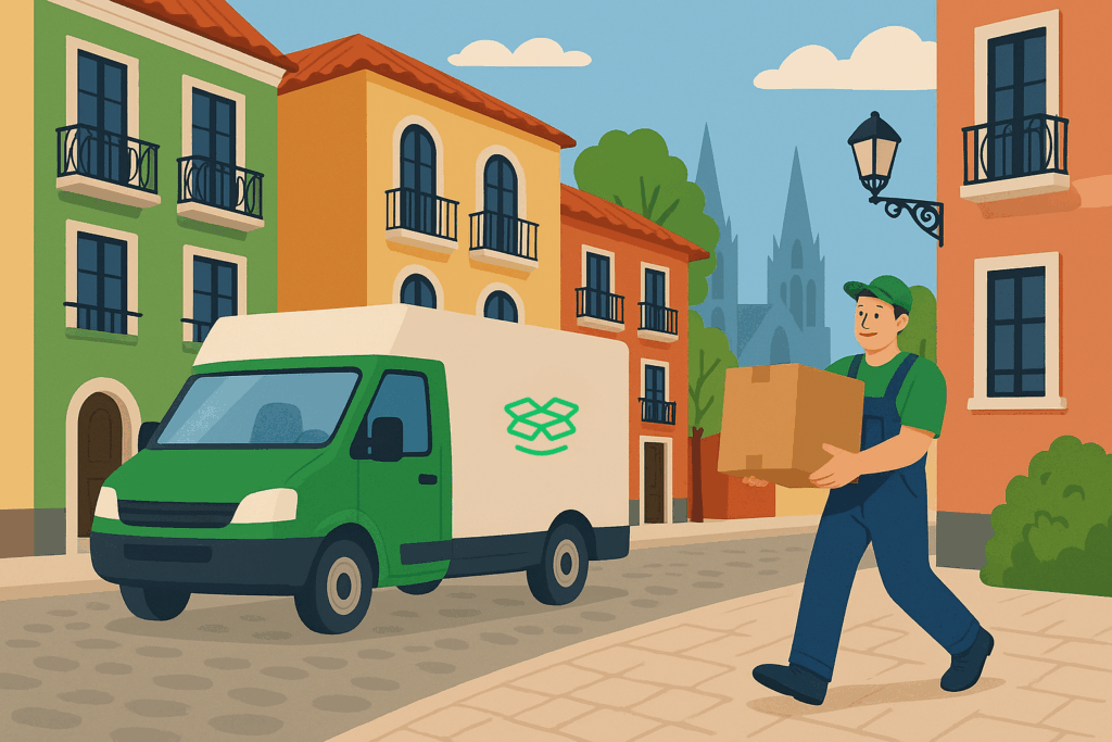 Umzugshelfer trägt einen Karton durch eine enge Straße mit bunten Häusern, während der Transporter für den Mannheim Umzug bereitsteht.