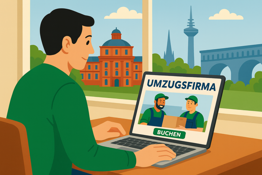 Mann bucht online ein Umzugsunternehmen Essen über Laptop mit Blick auf Essener Skyline