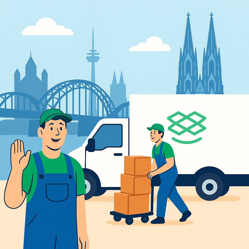 Zwei Umzugshelfer verladen Kartons vor Umzugswagen mit Blick auf Kölner Dom und Hohenzollernbrücke