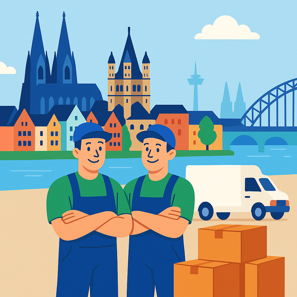 Zwei Umzugshelfer stehen mit Kartons und Umzugswagen am Rhein vor dem Kölner Dom