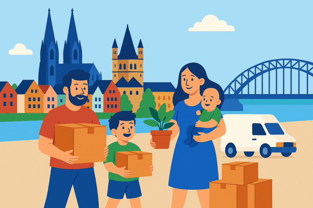 Familie beim Umzug mit Kartons vor dem Kölner Dom und der Hohenzollernbrücke – erfahrenes Umzugsunternehmen Köln.