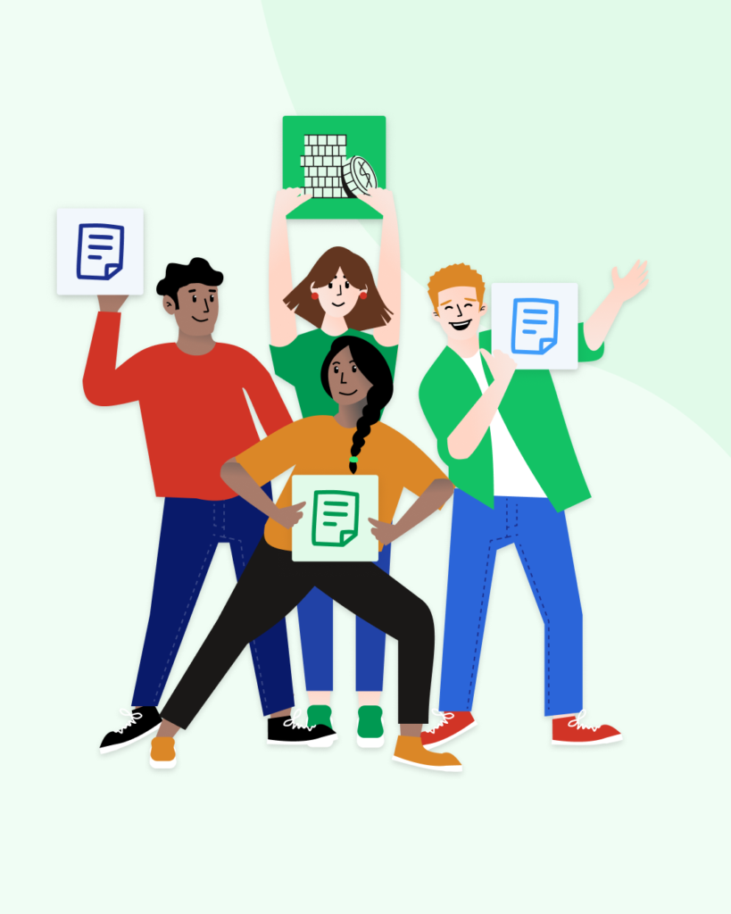 Eine Gruppe von Personen hält Angebotsdokumente hoch, symbolisch für den Vergleich verschiedener Umzugsunternehmen Nürnberg und deren Leistungen.