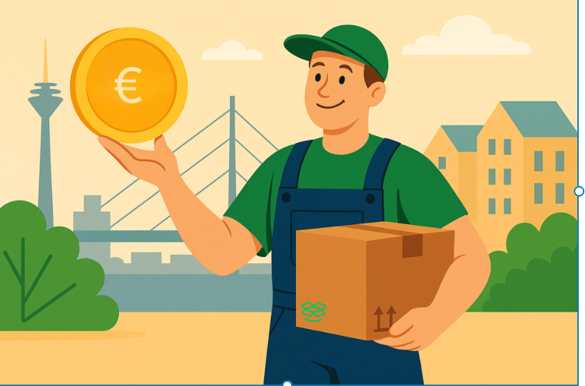 Ein freundlicher Umzugshelfer hält eine Münze mit Euro-Symbol und einen Umzugskarton vor der Skyline von Köln – Symbol für faire und transparente Umzugsunternehmen Köln Preise.