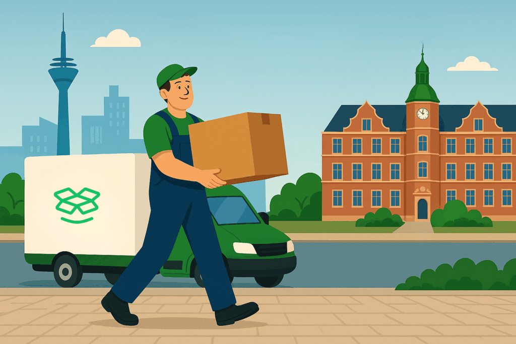 Ein Umzugshelfer trägt einen Karton vor einem Umzugswagen in Düsseldorf, im Hintergrund die Stadt mit dem Rheinturm