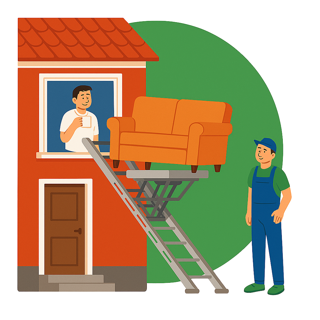 Ein Umzugshelfer transportiert ein Sofa mit einem Außenaufzug bei einem Umzug innerhalb Deutschlands.