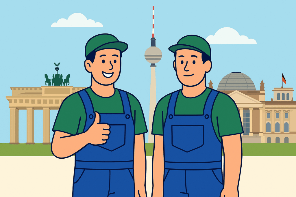 Zwei Umzugshelfer stehen vor dem Brandenburger Tor in Berlin und bereiten sich auf einen innerdeutscher Umzug vor.