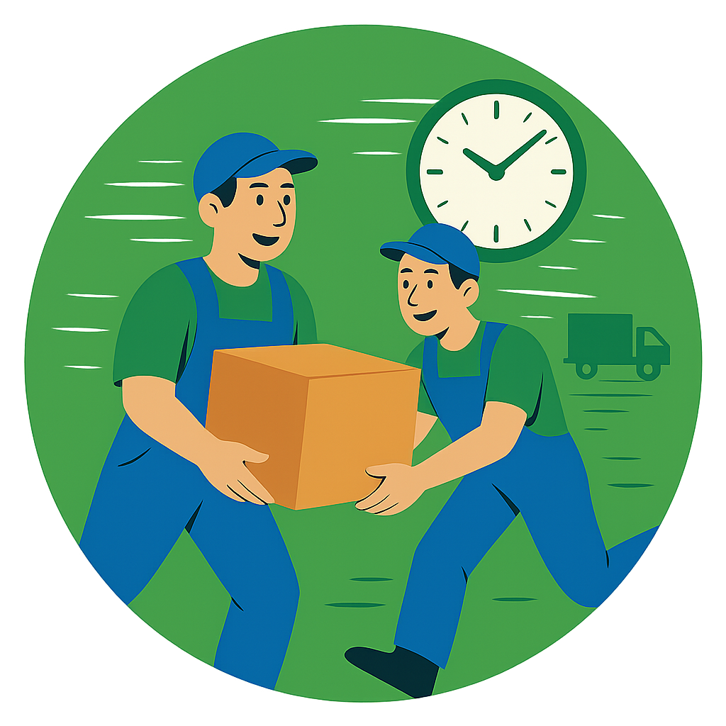 Zwei Umzugshelfer in Bewegung mit einem Karton, im Hintergrund eine gut sichtbare Uhr – symbolisiert Dringlichkeit und Teamarbeit bei einem Last-Minute Umzug, bei dem Geschwindigkeit und Effizienz entscheidend sind.

