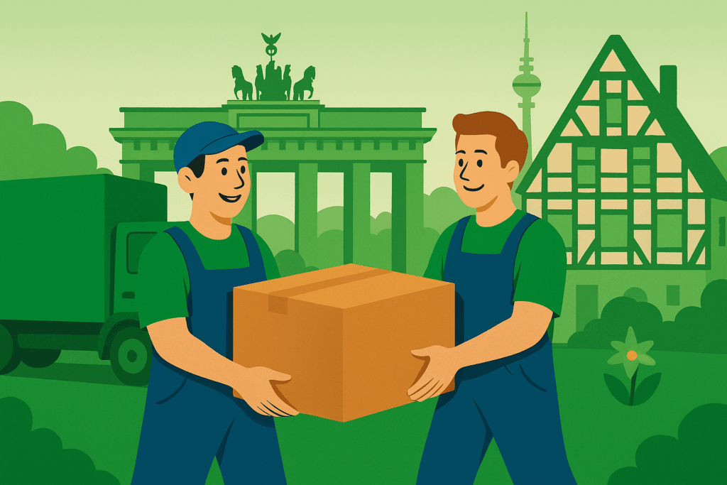 Lächelnde Umzugshelfer tragen einen Karton vor dem Brandenburger Tor und der Skyline von Berlin – steht für die Aufregung und das Vertrauen bei einem kurzfristigen Umzug innerhalb der geschäftigen deutschen Städte.