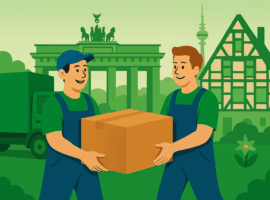 Lächelnde Umzugshelfer tragen einen Karton vor dem Brandenburger Tor und der Skyline von Berlin – steht für die Aufregung und das Vertrauen bei einem kurzfristigen Umzug innerhalb der geschäftigen deutschen Städte.
