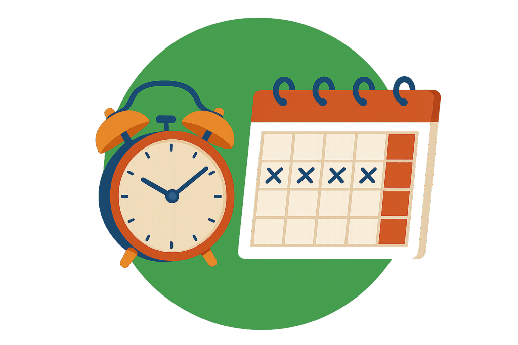 Illustration einer tickenden Weckeruhr und eines Kalenders mit markierten Daten – verdeutlicht die engen Zeitpläne und die schnelle Planung, die bei Last-Minute Umzügen und schnellen Umzügen oft erforderlich sind.