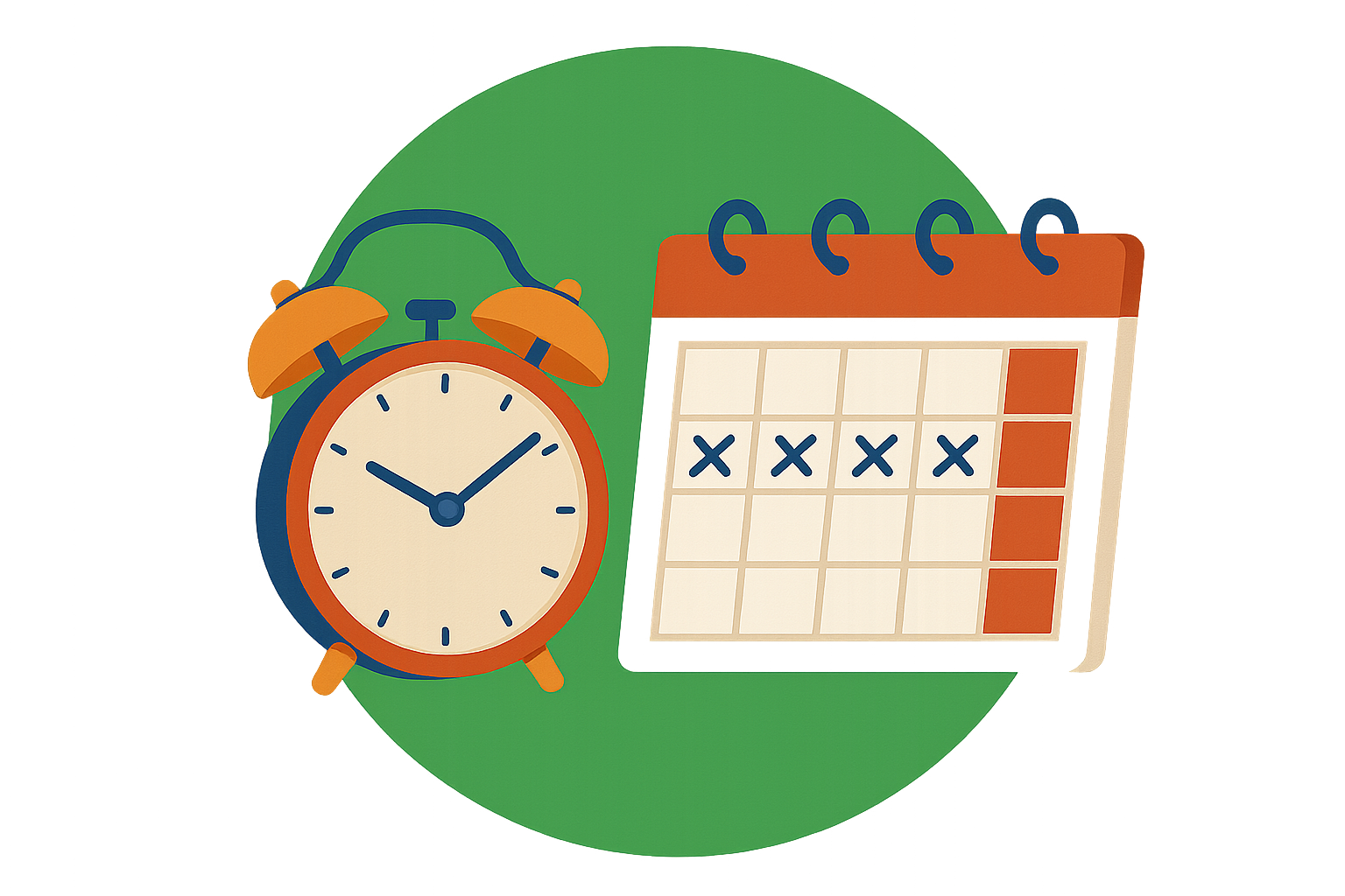 Eine Uhr und ein Kalender mit markierten Umzugsterminen symbolisieren effiziente Planung und die beruhigende Klarheit eines gut getimten Mini-Umzugs.