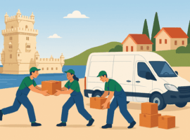 mzugshelfer laden Kisten vor dem Turm von Belém. Symbol für den Umzug nach Portugal und internationale Wohnsitzverlegung.