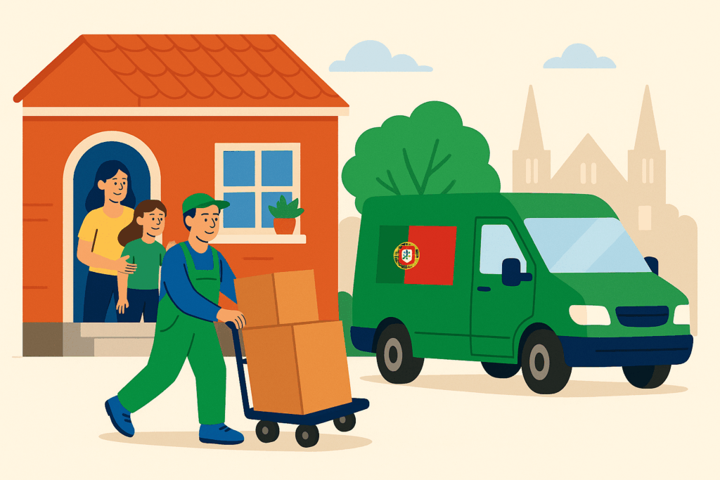 Umzugsarbeiter liefern Kartons an ein Haus mit portugiesischer Flagge – Darstellung eines erfolgreichen Umzugs von Berlin nach Portugal.