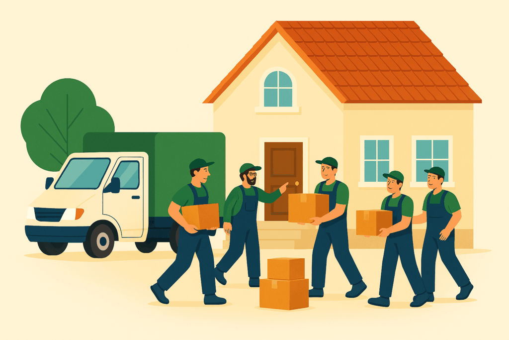 Gruppe von Umzugshelfern trägt Kartons in ein neues Haus – Beispielbild für die Organisation und Kosten eines Umzugs nach Portugal.