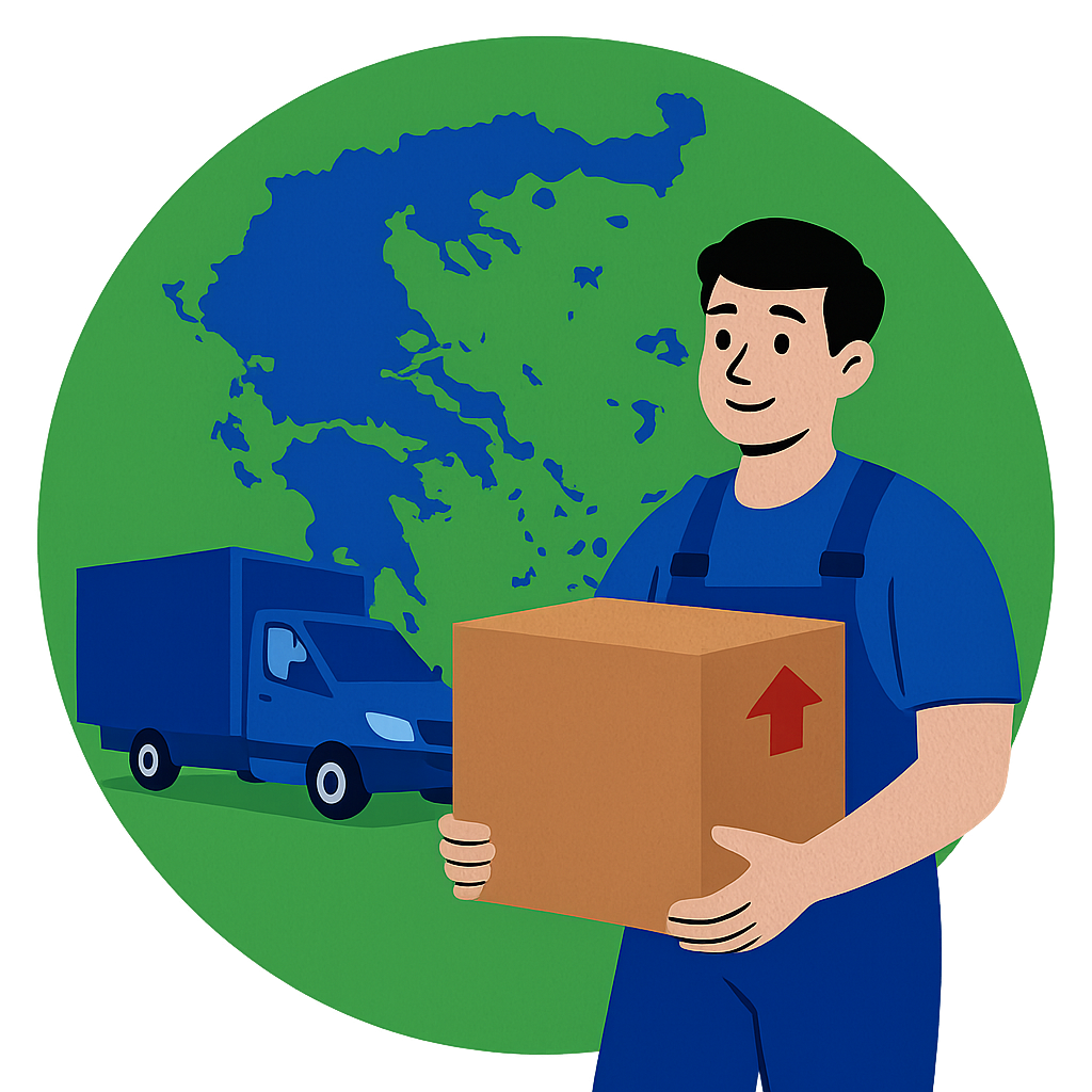 Ein Umzugshelfer trägt ein Paket vor einer Weltkarte und einem LKW – das Bild strahlt Ruhe, Selbstvertrauen und Sicherheit beim internationalen Umzug nach Griechenland aus.