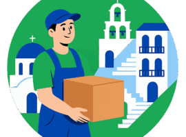 Ein lächelnder Umzugshelfer hält einen Karton vor traditionellen weiß-blauen Häusern in Griechenland – er strahlt Vorfreude und Hoffnung auf einen Neuanfang in Griechenland aus.