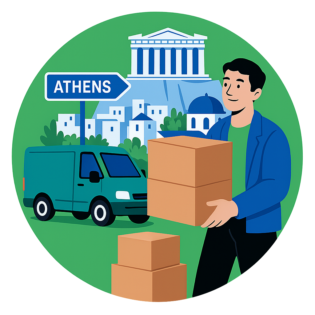 Eine Person zieht nach Athen um und steht mit Kartons vor dem Parthenon und einem Lieferwagen – die Szene weckt Inspiration und Ehrfurcht vor der Verbindung von antiker Kultur und modernem Leben.