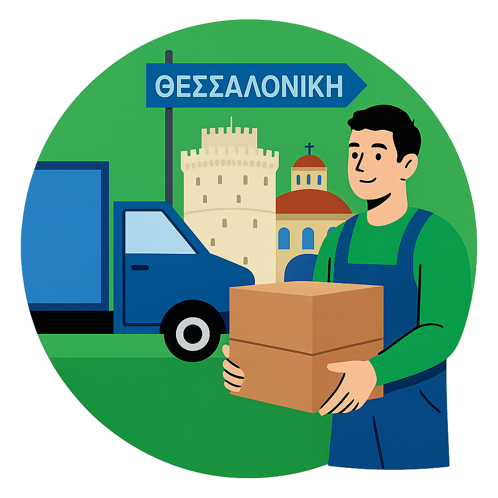 Ein Umzugshelfer mit Paketen steht neben einem LKW unter einem „Thessaloniki“-Schild und vor bekannten Wahrzeichen – er wirkt erwartungsvoll und zuversichtlich beim Ankommen in einer lebendigen neuen Stadt.