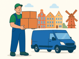 Ein Umzugshelfer trägt Kartons vor typisch niederländischen Häusern für einen reibungslosen Umzug von Berlin in die Niederlande.