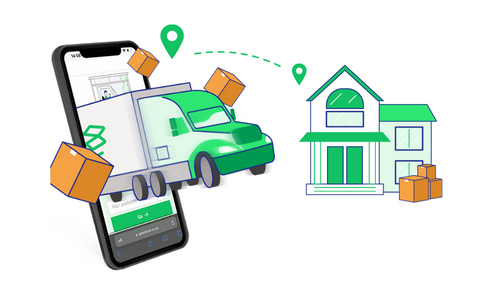 Illustration eines Umzugs mit Smartphone, LKW und Haus, passend zur Umzugskostenpauschale 2025 in Deutschland