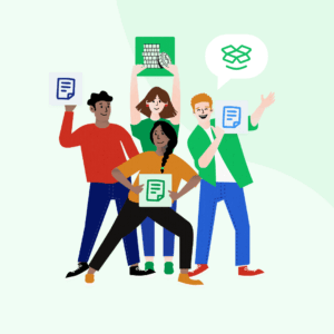 Vier Personen präsentieren Dokumente als Symbol für Umzugskostenpauschale 2023 ohne Nachweis