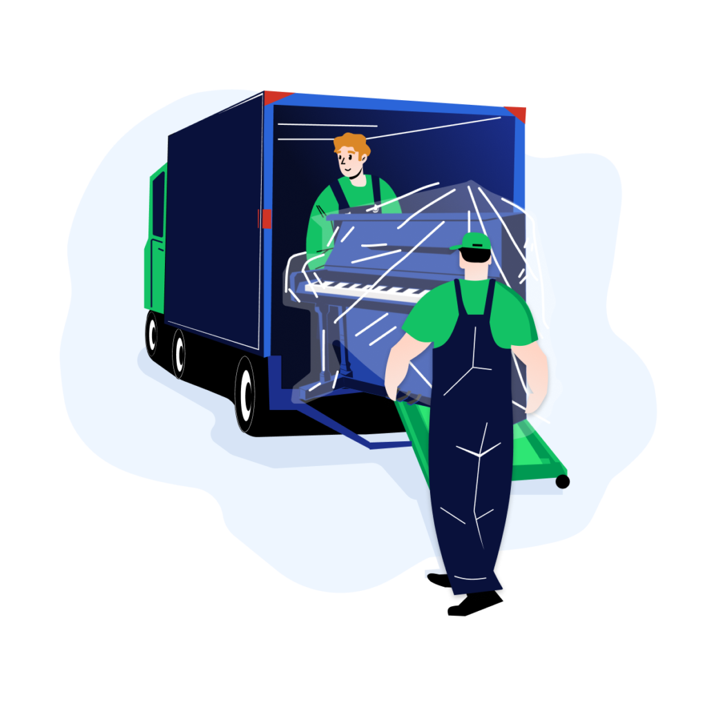Ein Team von Umzugshelfern lädt ein Klavier behutsam in einen Transporter – es steht für Teamarbeit, Verantwortungsbewusstsein und das ruhige Selbstvertrauen erfahrener Profis.