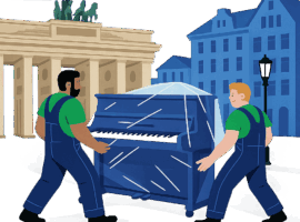 Ein Klavier wird in der Nähe des Berliner Brandenburger Tors bewegt – das Motiv verbindet Präzision mit kulturellem Respekt und drückt Stolz sowie Liebe zum Detail aus.