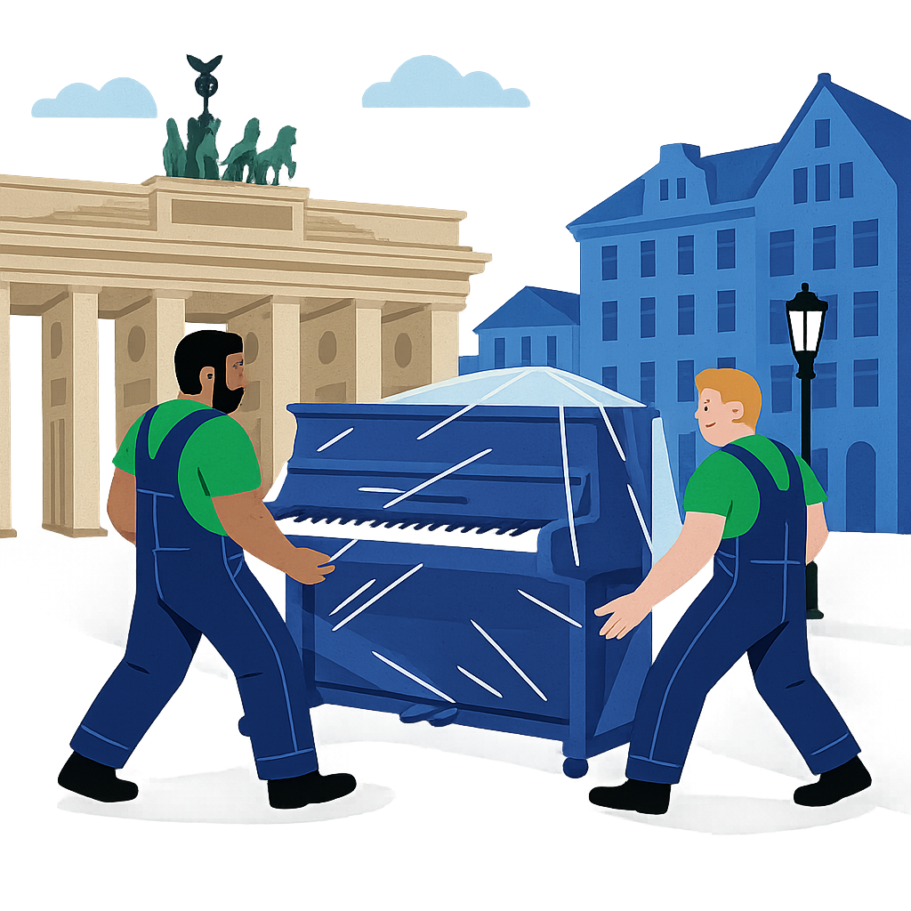 Ein Klavier wird in der Nähe des Berliner Brandenburger Tors bewegt – das Motiv verbindet Präzision mit kulturellem Respekt und drückt Stolz sowie Liebe zum Detail aus.