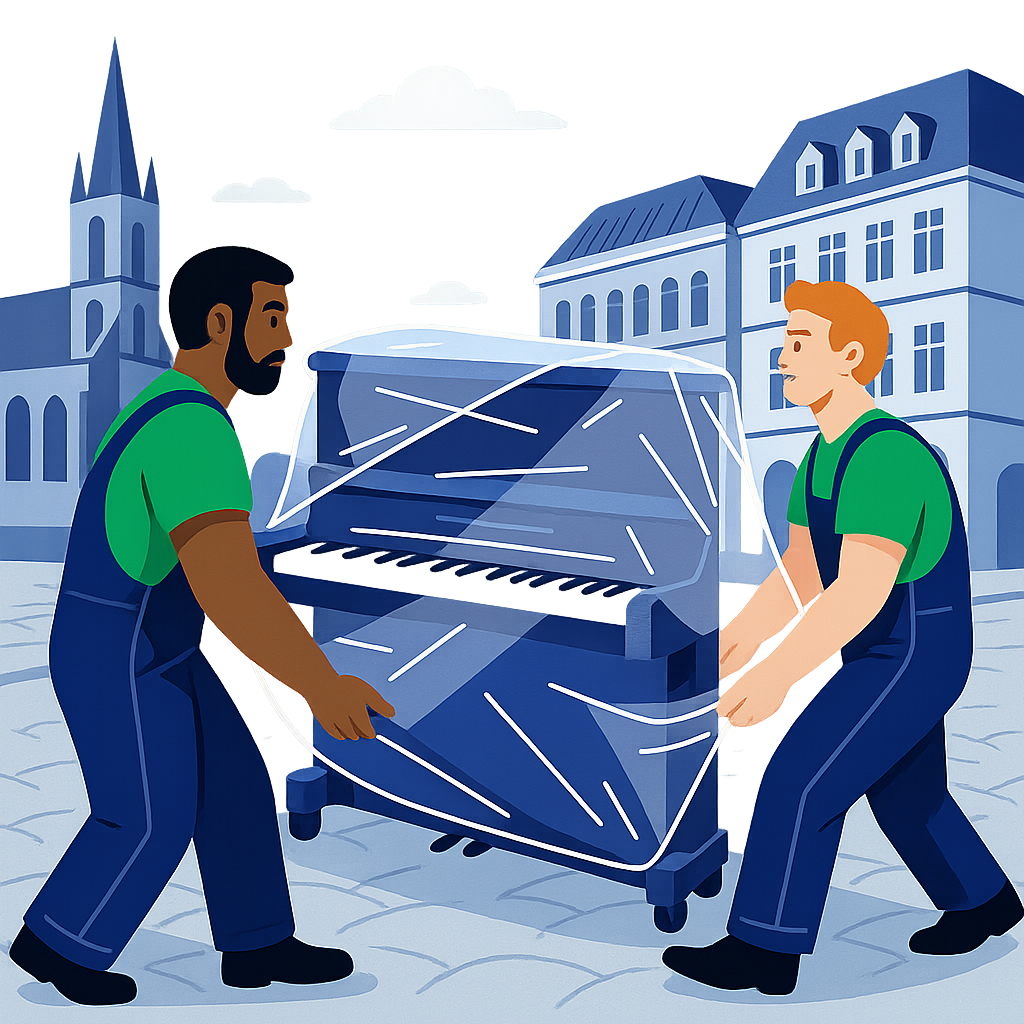 Professional movers transporting a piano through a European city, evoking professionalism, focus, and the calm control needed in busy urban settings.