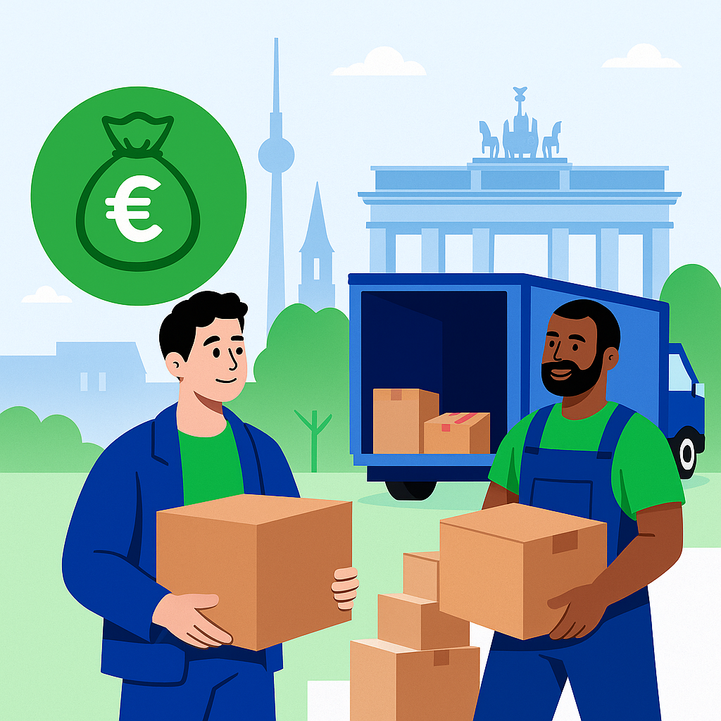 Zwei Umzugshelfer tragen Kartons mit Euro-Symbolen vor der Skyline von Berlin – das Motiv zeigt die Verbindung aus hochwertigem Service und fairen Preisen und vermittelt Vertrauen und Leichtigkeit beim Umzug in Deutschland.