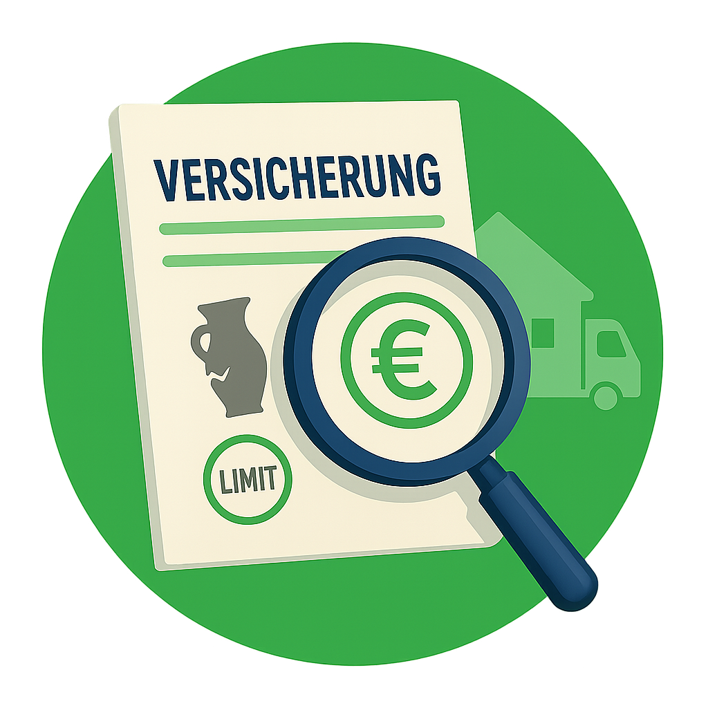 Ein deutsches Versicherungsdokument mit einer Lupe über einem Euro-Symbol – symbolisiert den finanziellen Schutz und die Sicherheit, die mit einem versicherten Umzugsservice einhergehen. 