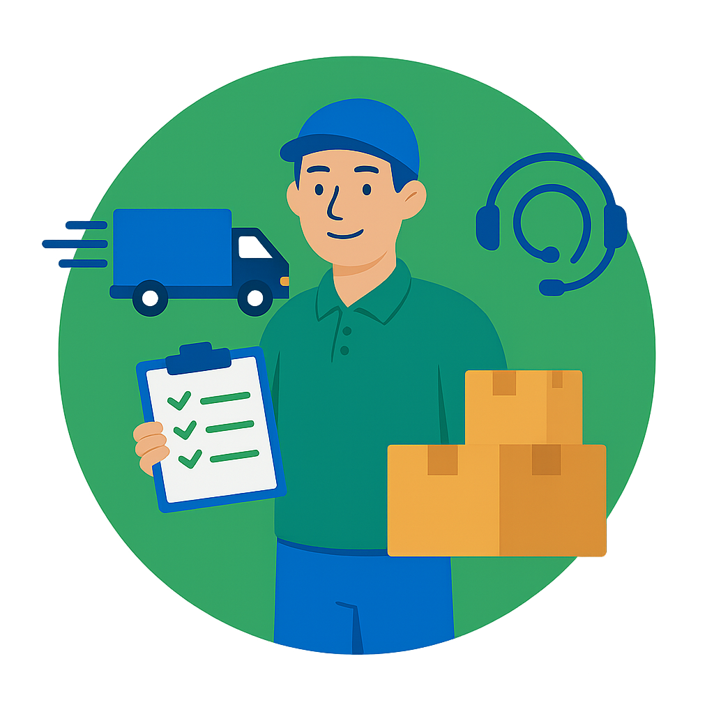 Friendly mover with boxes and clipboard arriving in a delivery van – representing the start of a well-organized move.