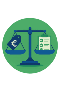 Balancing euro sign and service checklist on a scale – symbolizing the careful choice between cost and value in a moving company Preisvergleich