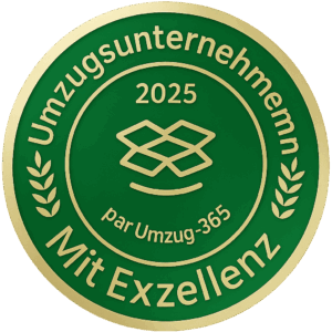Gold-grünes Abzeichen mit der Aufschrift „Umzugsunternehmen 2025 – mit Exzellenz par Umzug-365“ und einem stilisierten Box-Logo als Symbol für Exzellenz im Umzugsservice.