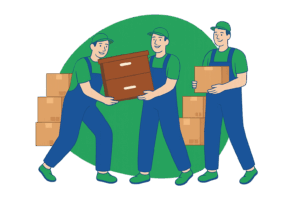 Umzugsfirma verpackt und trägt Umzugskartons – symbolisiert den professionellen Verpackungsservice für einen reibungslosen Umzug.