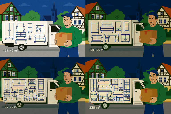 Collage mit Umzugsfirma-Mitarbeiter, der einen Umzugskarton vor einem LKW trägt, daneben Grundrisse von 1-Zimmer-, 2-Zimmer-, 3-Zimmer- und großen Wohnungen – veranschaulicht, wie Wohnungsgröße und Möbelmenge die Umzugsfirma Kosten bei lokalen und Fernumzügen beeinflussen.