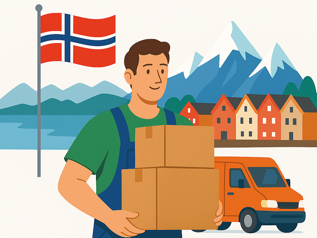 Ein Mann trägt Umzugskartons vor norwegischen Holzhäusern mit der norwegischen Flagge fur umzug nach norwegen