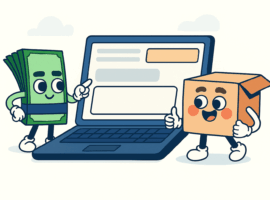 Eine Laptop-Illustration mit Geld- und Kartonfigur, die gemeinsam zeigen, wie ein Online-Umzugskostenrechner hilft, Preise transparent zu vergleichen.