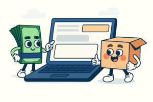 Eine Laptop-Illustration mit Geld- und Kartonfigur, die gemeinsam zeigen, wie ein Online-Umzugskostenrechner hilft, Preise transparent zu vergleichen.