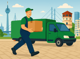 Ein Mitarbeiter eines Umzugsunternehmen trägt einen Karton vor dem Umzugswagen, typisch für regionale Umzugsspeditionen in Großstädten.