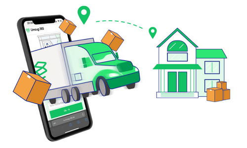 Smartphone mit animiertem Umzugslaster, der zu einem Haus fährt und den digitalen Prozess des Umzugskostenrechners von umzug-365 darstellt.