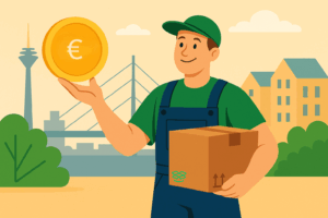 Ein Umzugshelfer hält ein Euro-Symbol und einen Karton, um darzustellen, welche Preisfaktoren in die Antwort auf „was kostet ein Umzug“ einfließen.