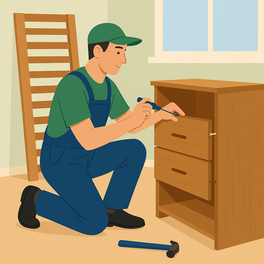 Ein Umzugshelfer baut eine Kommode ab ein typischer Arbeitsschritt, der zeigt, was ein Umzug kosten kann, wenn Möbelmontage im Service enthalten ist.